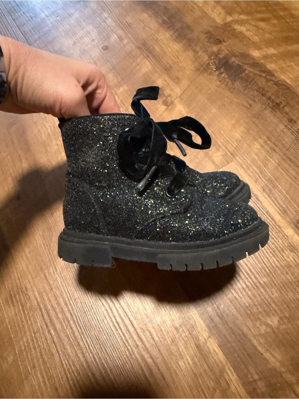 Cat & Jack Girls Black Glitter Lace-Up Ankle Boots